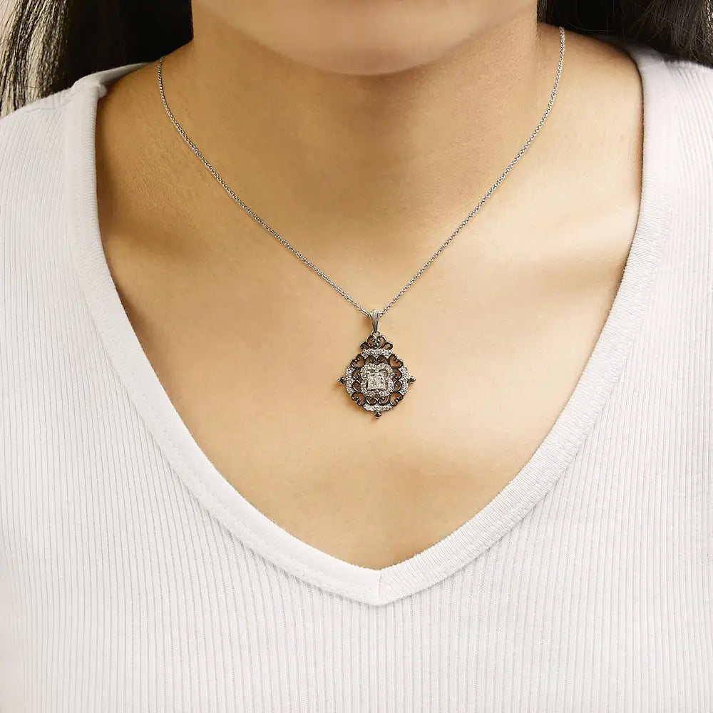 3/4 cttw diamond ornate medallion black rhodium sterling silver necklace bijoux-nyc direct