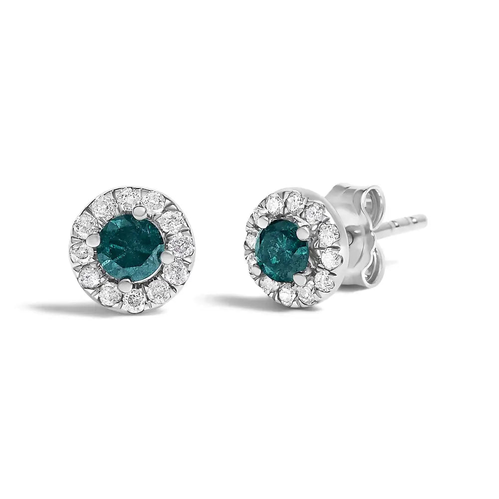 1/2 cttw blue and white diamond round halo studs in sterling silver bijoux-nyc direct
