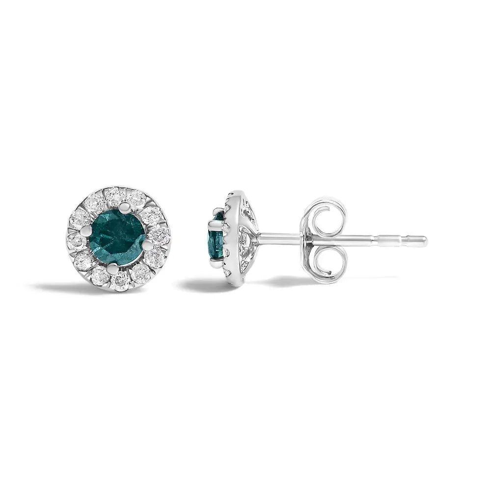1/2 cttw blue and white diamond round halo studs in sterling silver bijoux-nyc direct