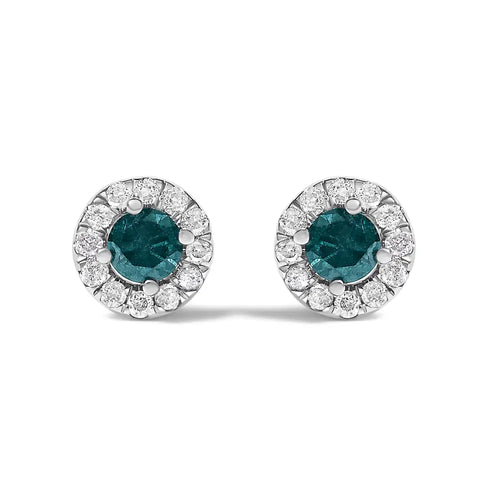 1/2 cttw blue and white diamond round halo studs in sterling silver bijoux-nyc direct