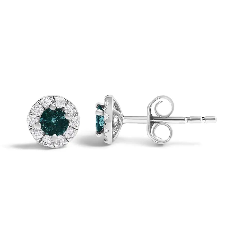 Blue diamond halo stud earrings in sterling silver 1/3 cttw bijoux-nyc direct
