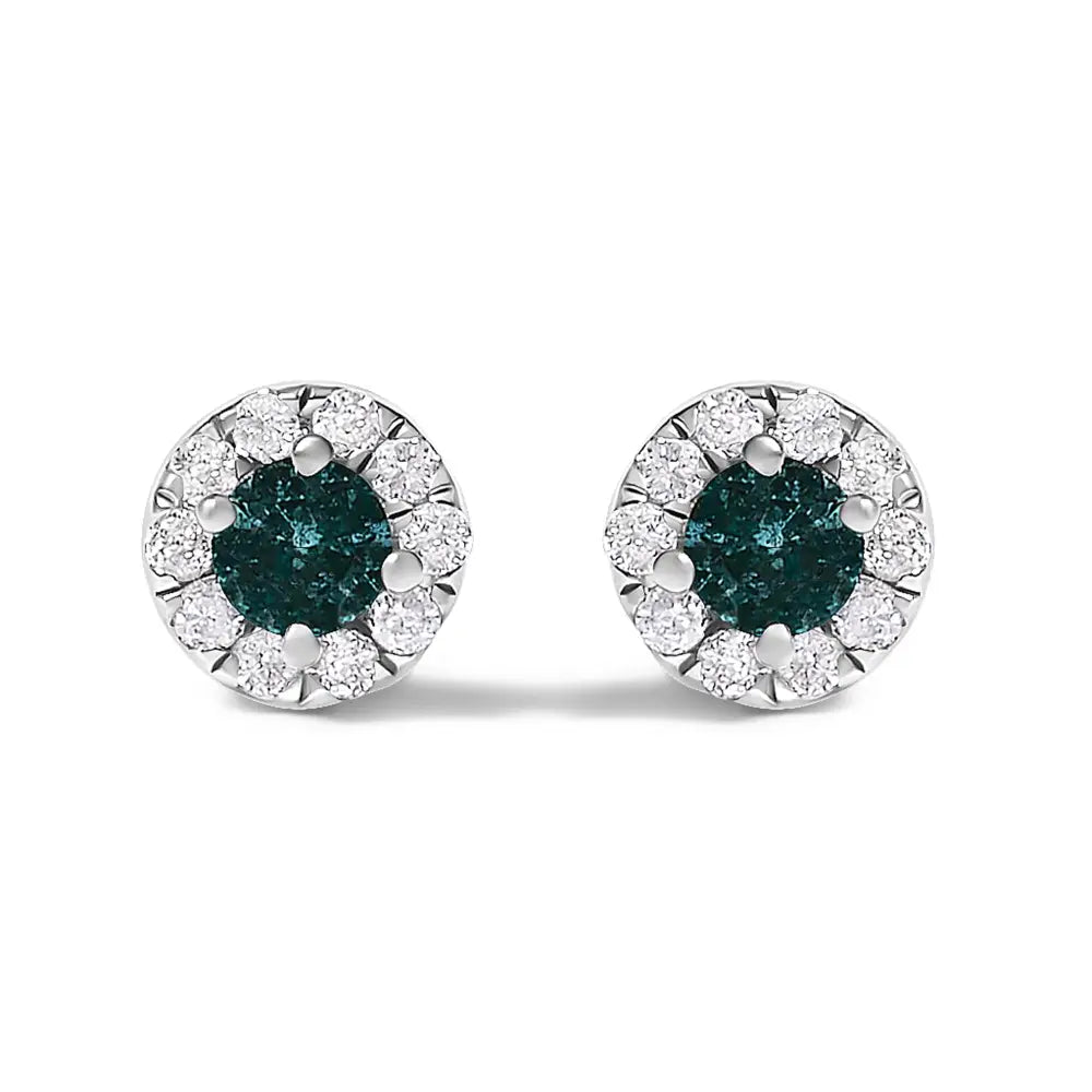 Blue diamond halo stud earrings in sterling silver 1/3 cttw bijoux-nyc direct