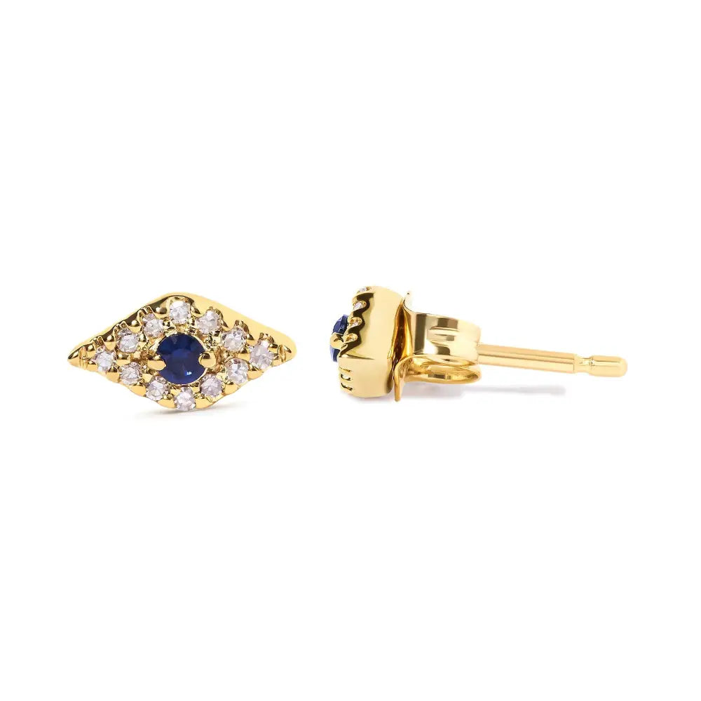 Blue sapphire & diamond evil eye stud earrings in 10k yellow gold