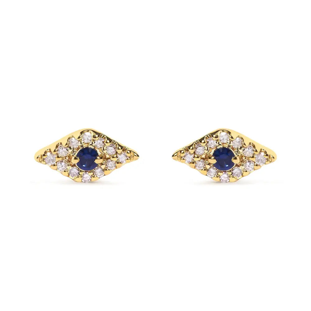 Blue sapphire & diamond evil eye stud earrings in 10k yellow gold