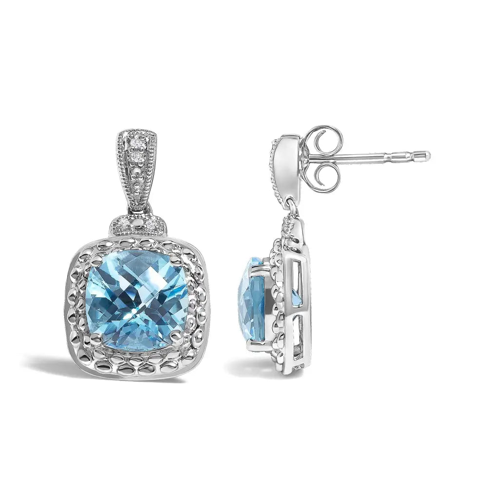 Blue topaz and diamond cushion cut drop earrings in 925 sterling silver bijoux-nyc direct