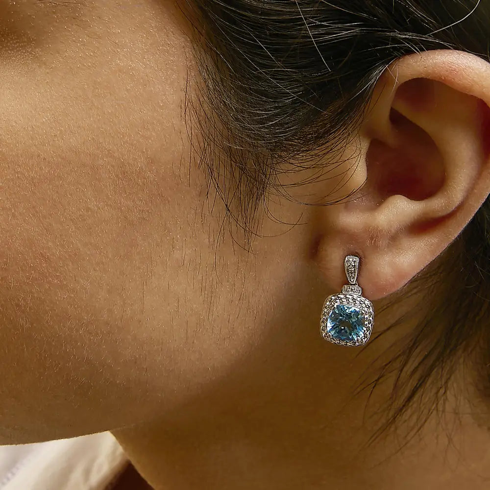 Blue topaz and diamond cushion cut drop earrings in 925 sterling silver bijoux-nyc direct