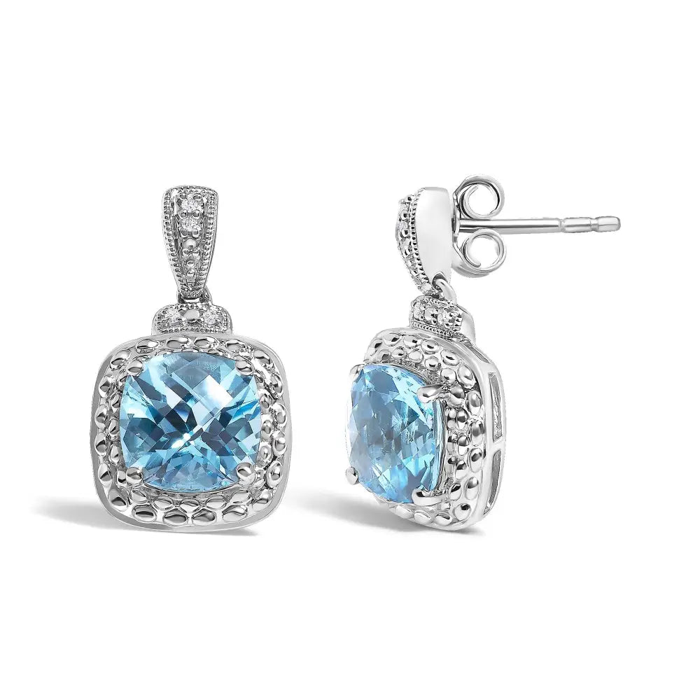 Blue topaz and diamond cushion cut drop earrings in 925 sterling silver bijoux-nyc direct