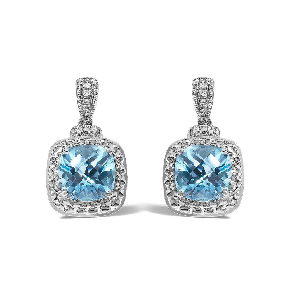 Blue topaz and diamond cushion cut drop earrings in 925 sterling silver bijoux-nyc direct