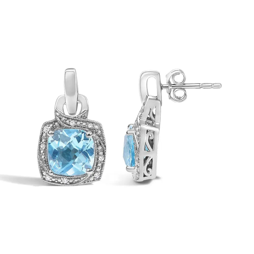 Cushion cut blue topaz and diamond geometric dangle earrings in silver bijoux-nyc direct