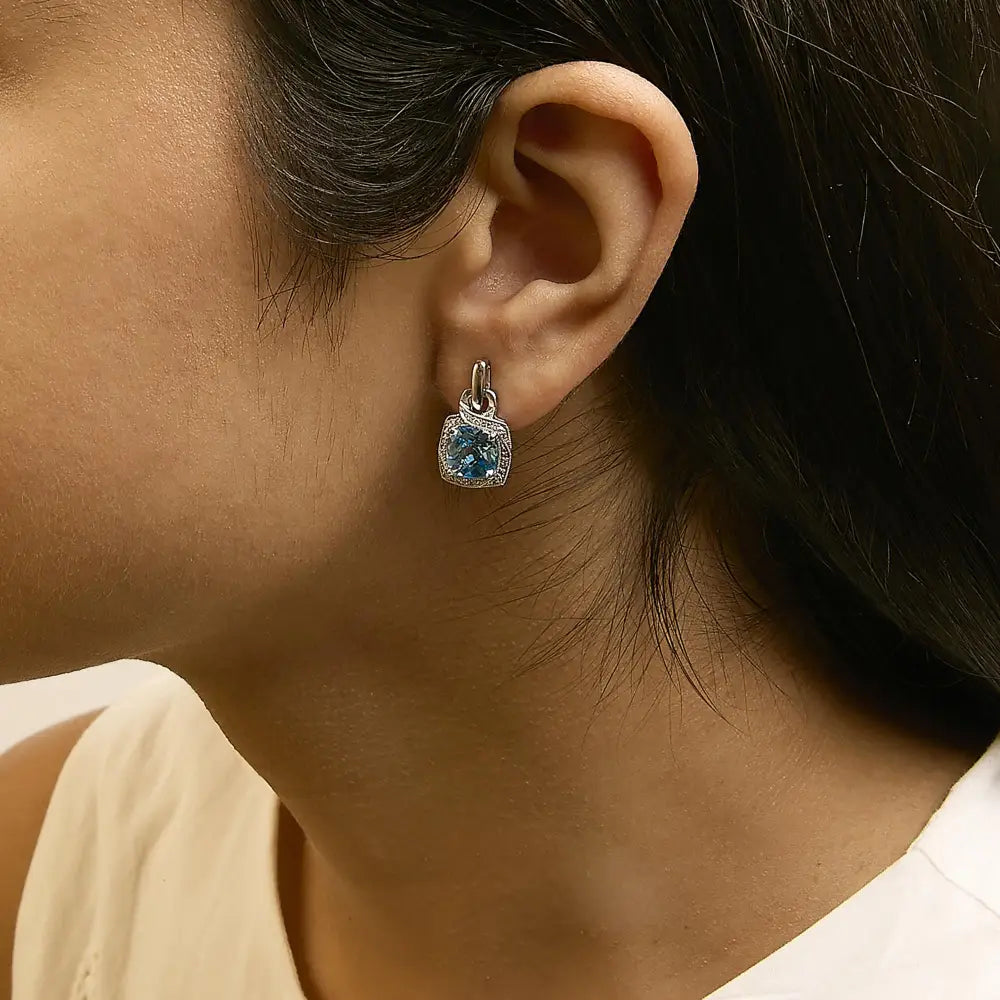 Cushion cut blue topaz and diamond geometric dangle earrings in silver bijoux-nyc direct