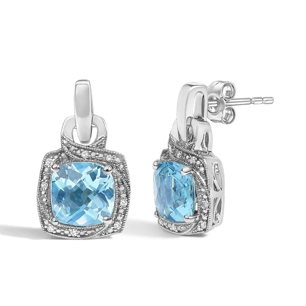Cushion cut blue topaz and diamond geometric dangle earrings in silver bijoux-nyc direct