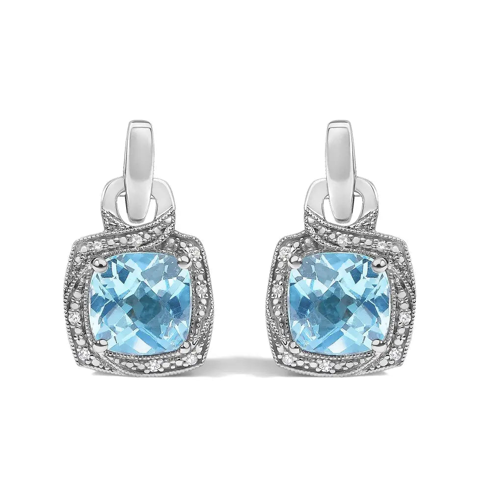 Cushion cut blue topaz and diamond geometric dangle earrings in silver bijoux-nyc direct