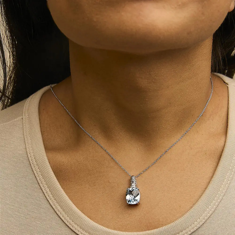 Cushion blue topaz and diamond textured pendant in sterling silver bijoux-nyc direct