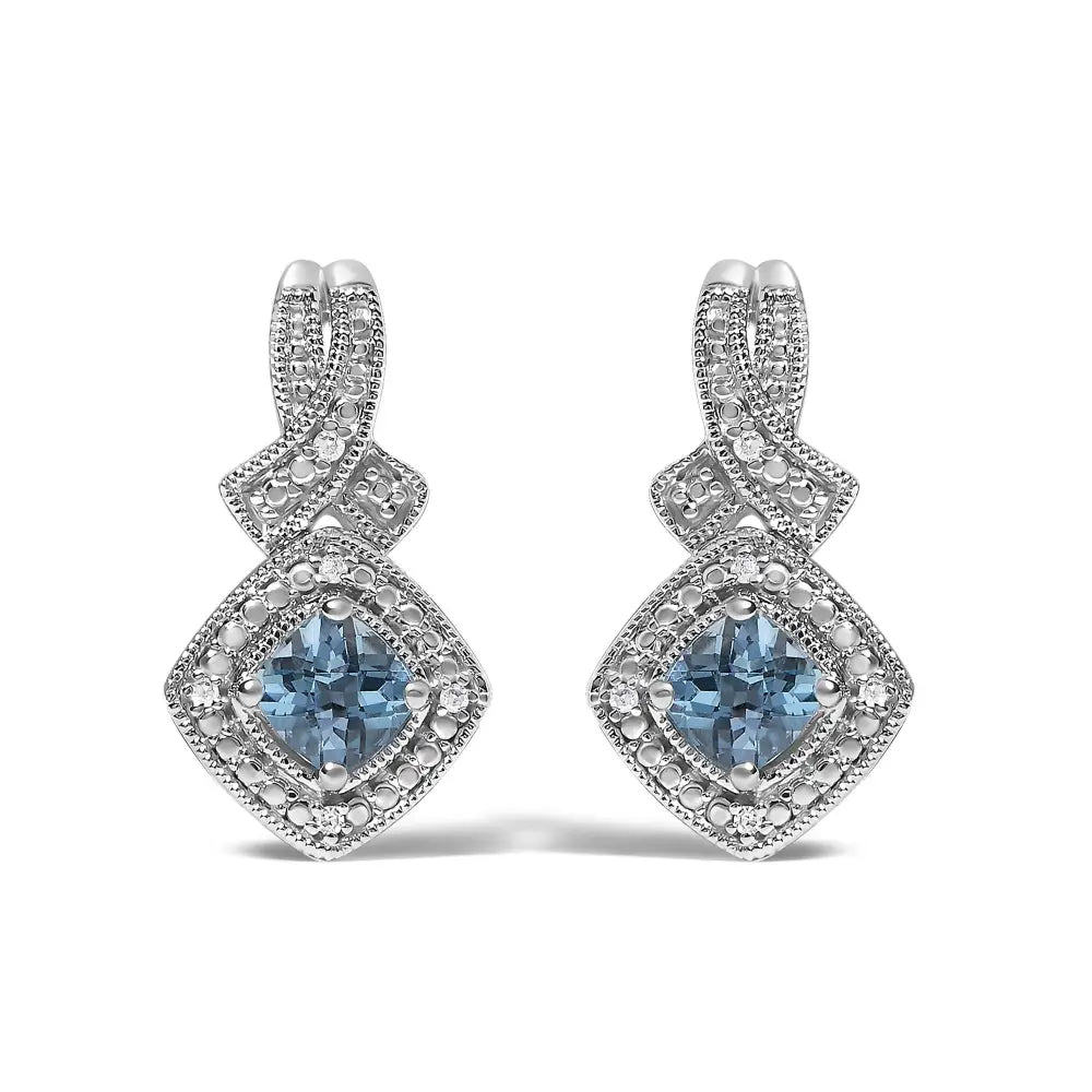 Cushion cut blue topaz and diamond twist dangle earrings in sterling silver bijoux-nyc direct