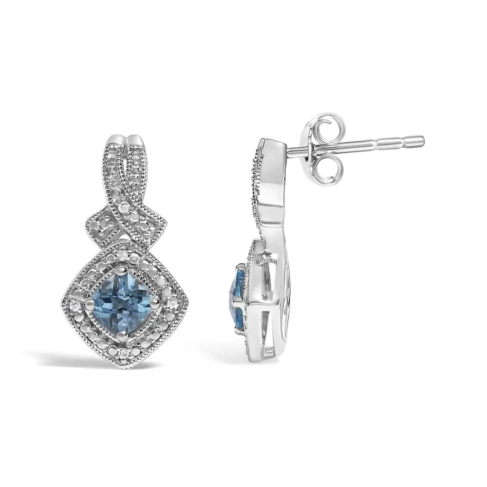 Cushion cut blue topaz and diamond twist dangle earrings in sterling silver bijoux-nyc direct