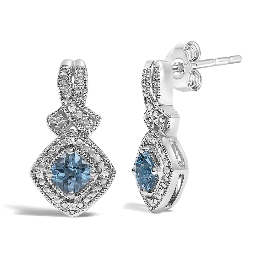 Cushion cut blue topaz and diamond twist dangle earrings in sterling silver bijoux-nyc direct