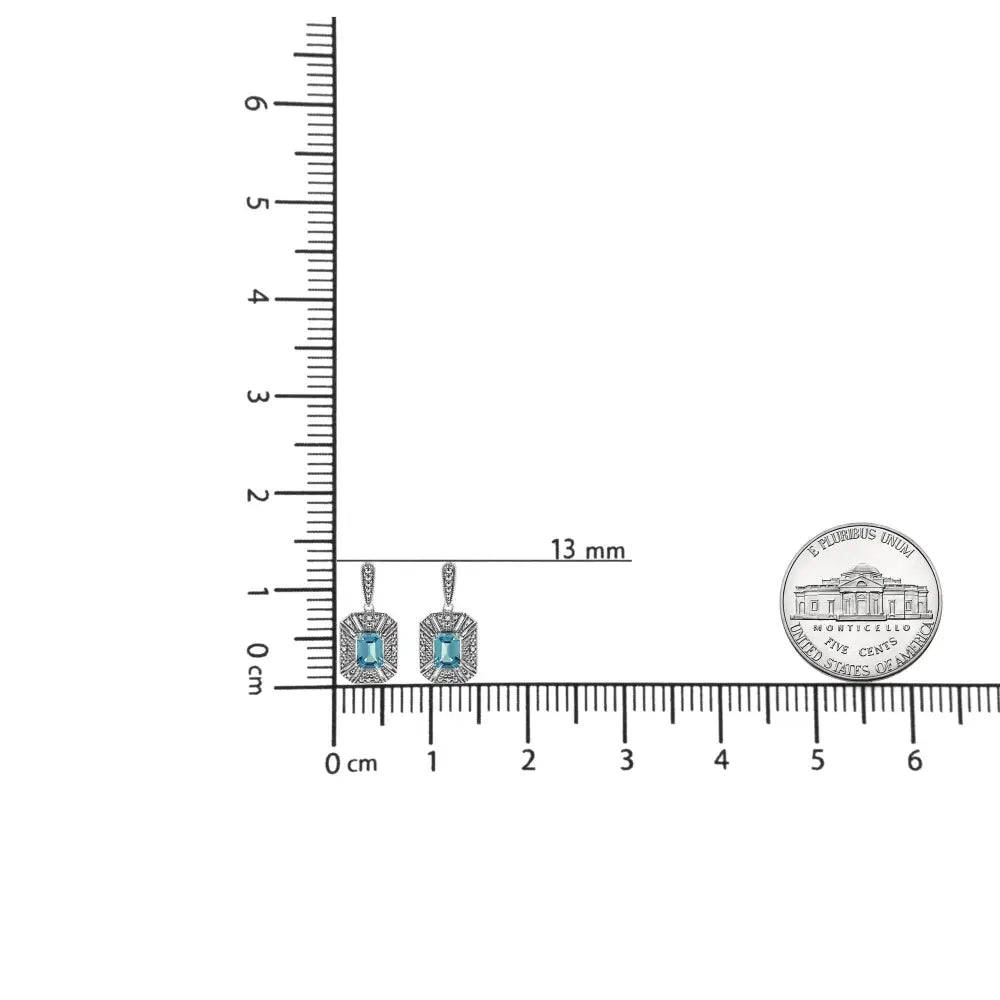 Emerald cut blue topaz and diamond art deco halo earrings in silver bijoux-nyc direct