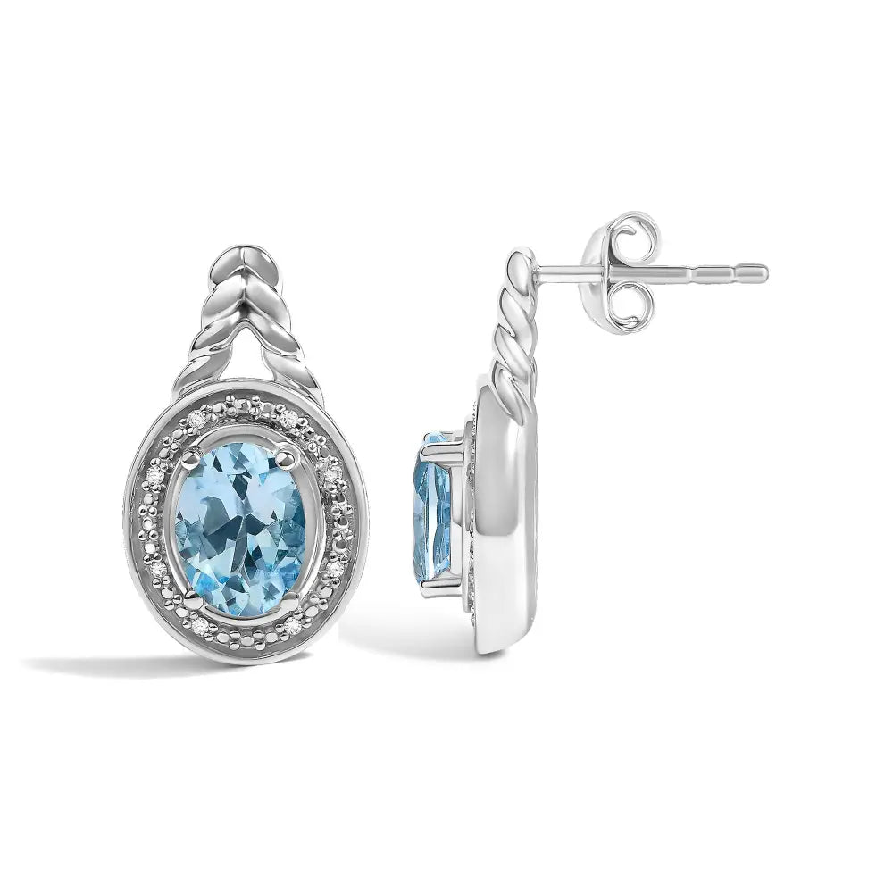 Oval blue topaz and diamond halo twist drop earrings in sterling silver bijoux-nyc direct