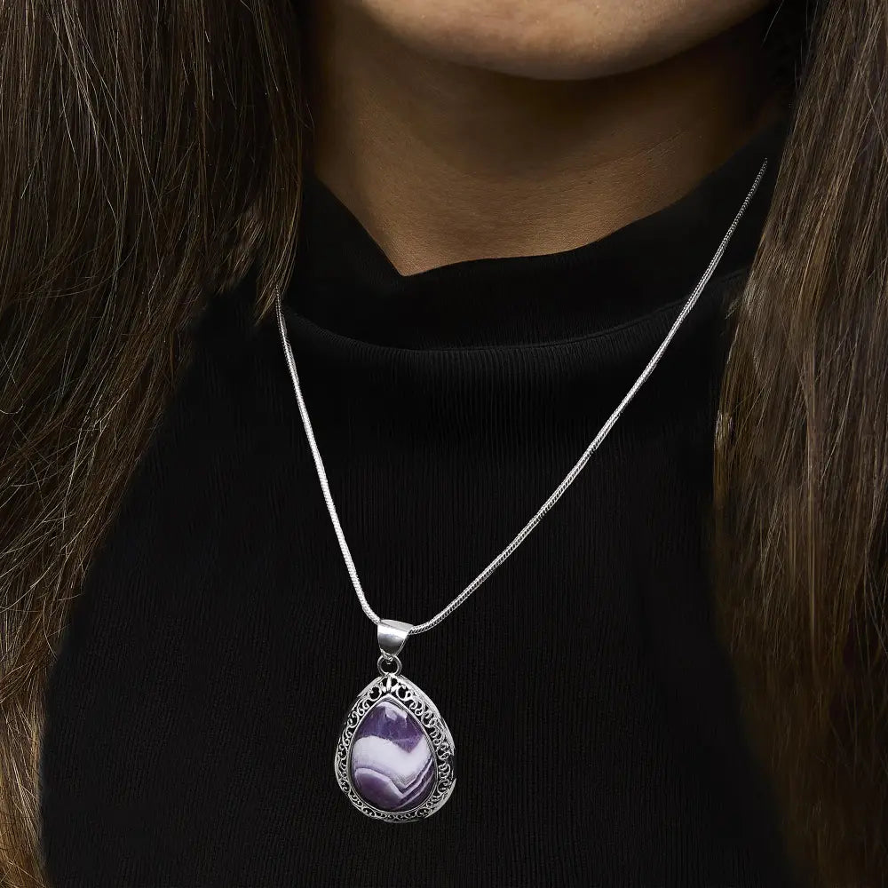 Chevron amethyst sterling silver teardrop pendant necklace bijoux-nyc direct