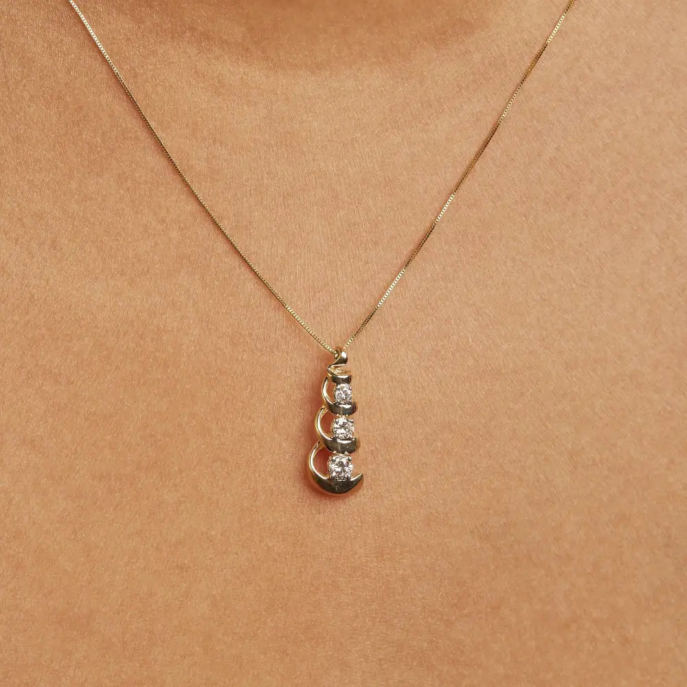 1/4 ct diamond 3-stone swirl drop pendant necklace in 10k yellow gold bijoux-nyc direct