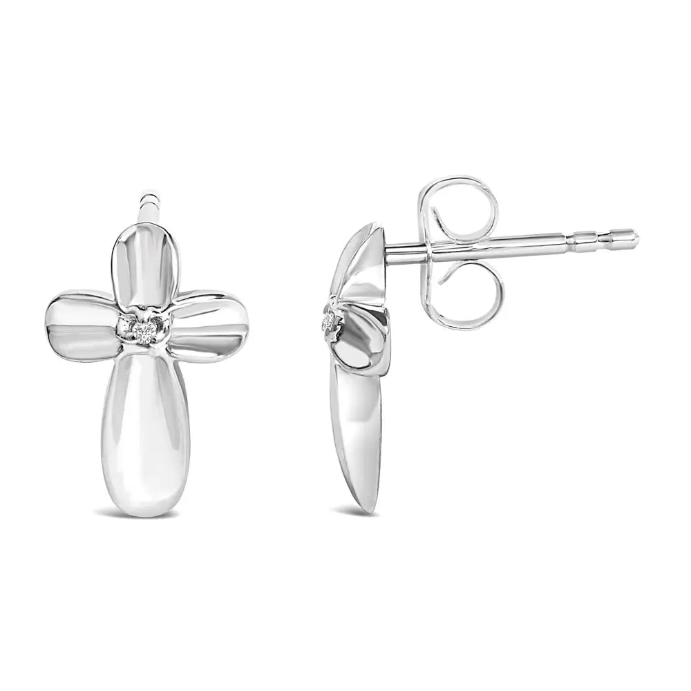 Diamond accent floral cross stud earrings in sterling silver