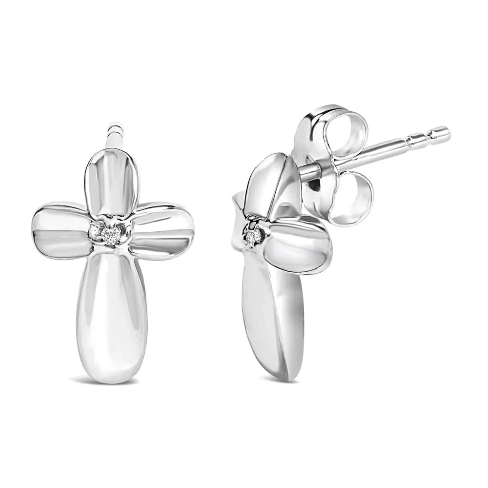 Diamond accent floral cross stud earrings in sterling silver