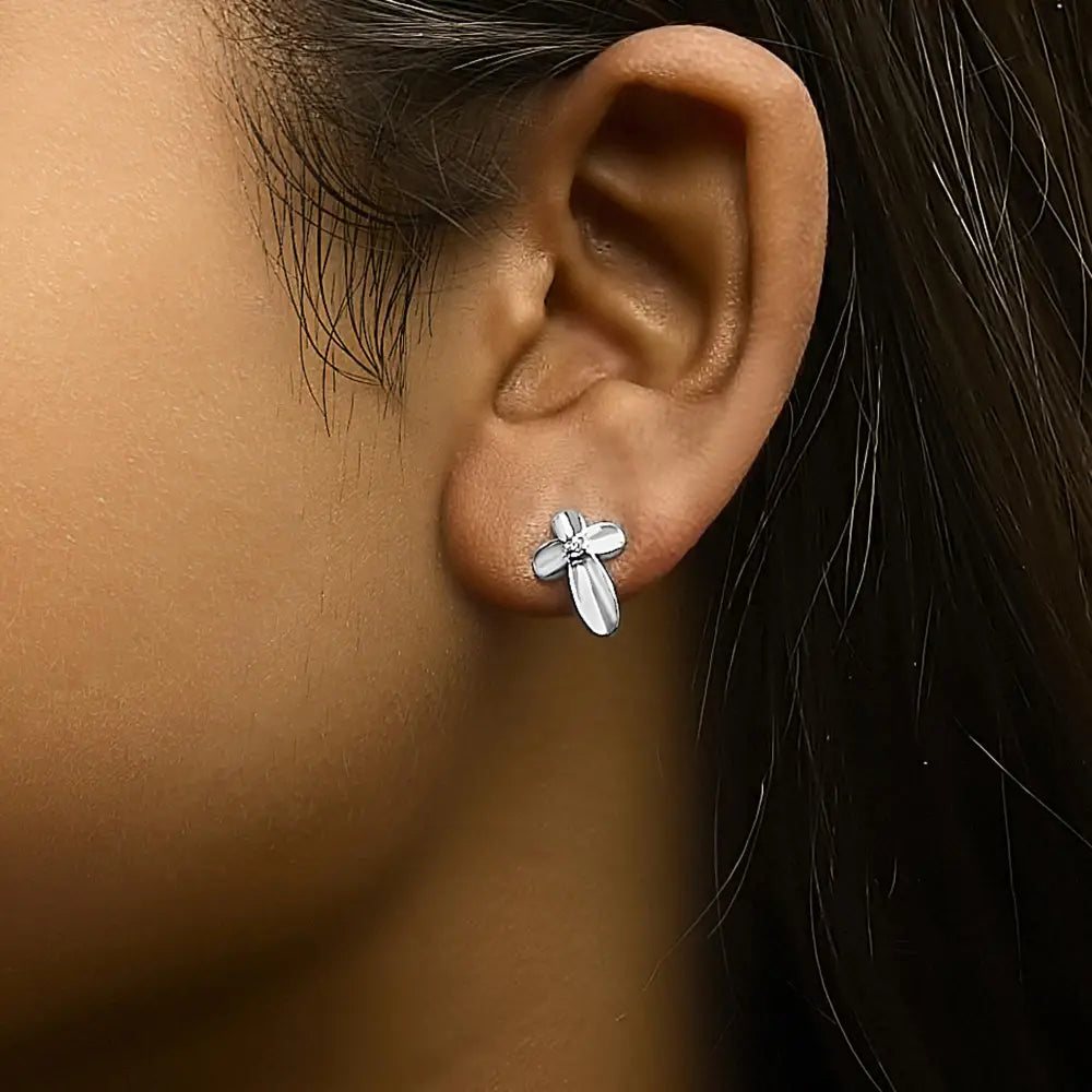 Diamond accent floral cross stud earrings in sterling silver