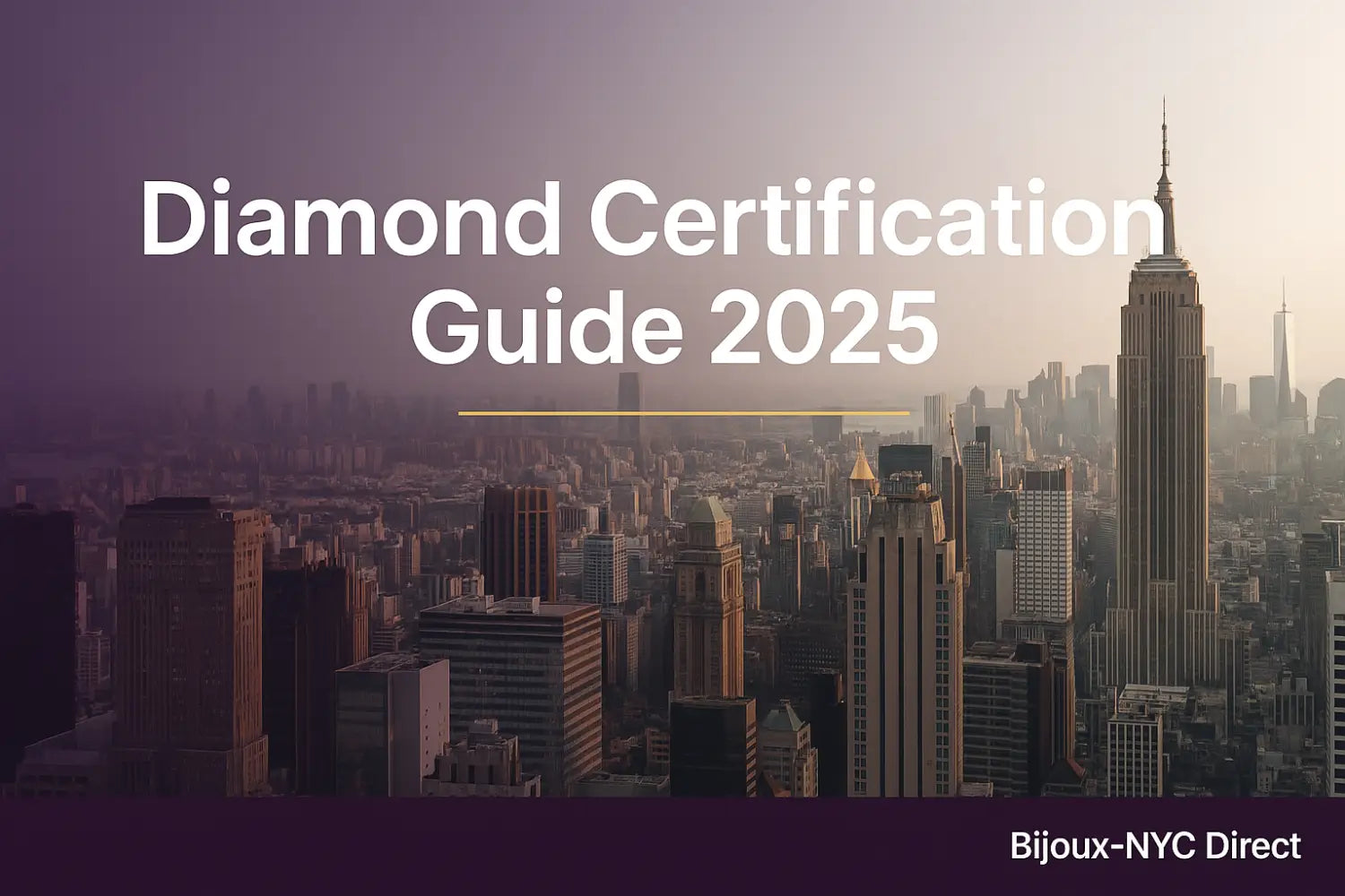 Diamond Certification Guide 2025 – NYC skyline with Empire State Building, symbolizing trusted diamond certification and ethical sourcing by Bijoux-NYC Direct.