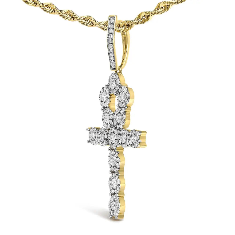 Diamond cluster ankh cross pendant necklace in 10k yellow gold – 1 3/4 cttw bijoux-nyc direct