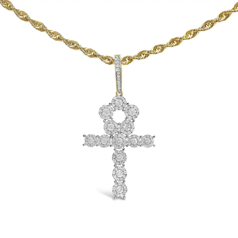 Diamond cluster ankh cross pendant necklace in 10k yellow gold – 1 3/4 cttw bijoux-nyc direct