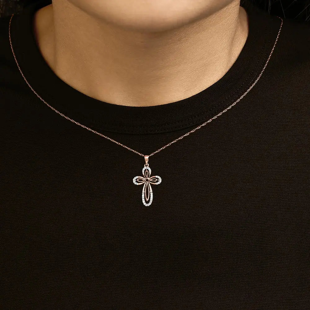 Diamond double loop cross pendant in rose gold plated silver 0.16cttw bijoux-nyc direct