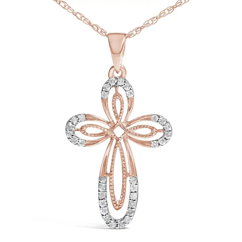 Diamond double loop cross pendant in rose gold plated silver 0.16cttw bijoux-nyc direct
