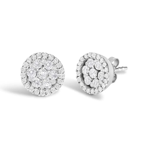 1.0 cttw diamond three row halo cluster button studs in 14k white gold bijoux-nyc direct