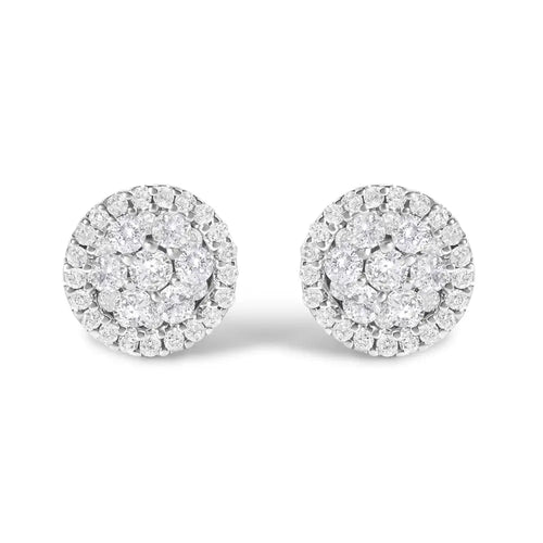 1.0 cttw diamond three row halo cluster button studs in 14k white gold bijoux-nyc direct