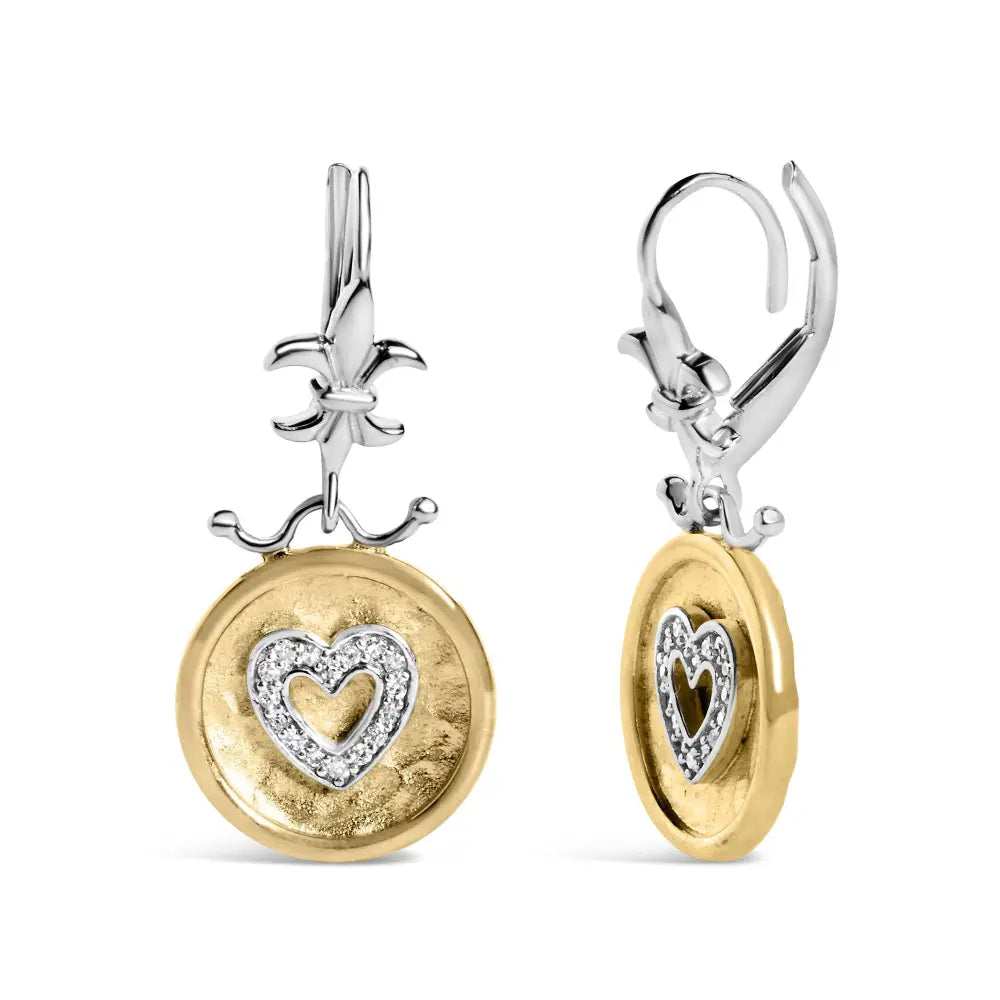 Diamond hammered heart medallion drop earrings in 18k gold plated silver