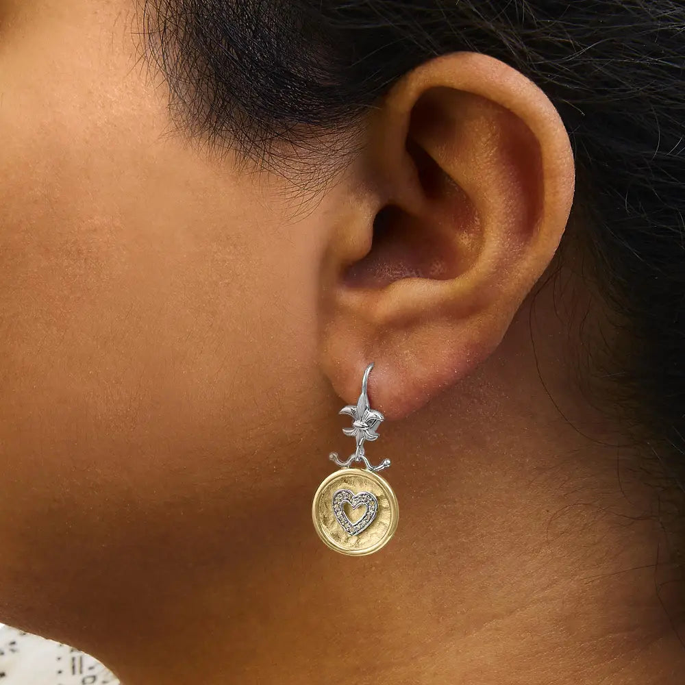 Diamond hammered heart medallion drop earrings in 18k gold plated silver