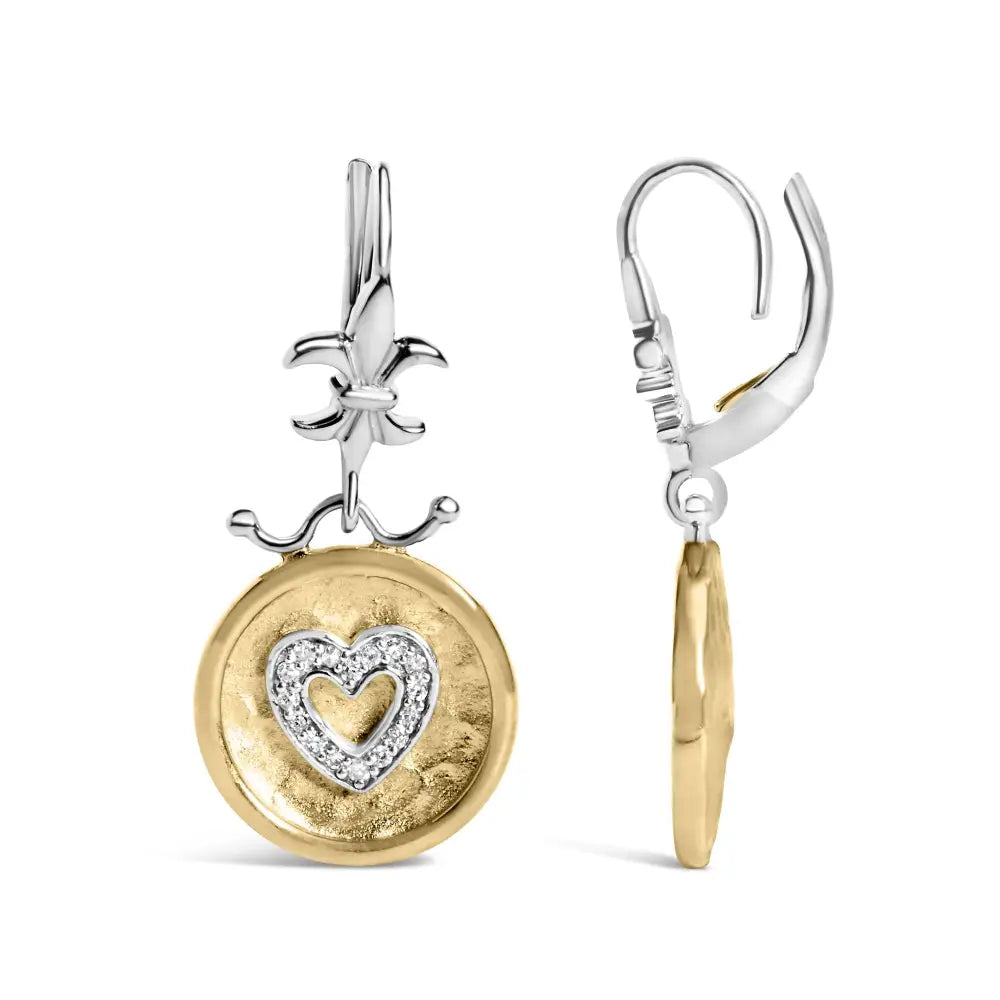 Diamond hammered heart medallion drop earrings in 18k gold plated silver