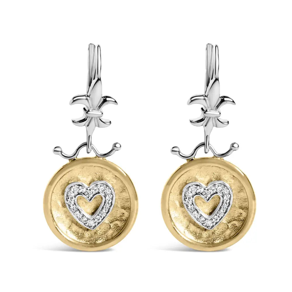 Diamond hammered heart medallion drop earrings in 18k gold plated silver