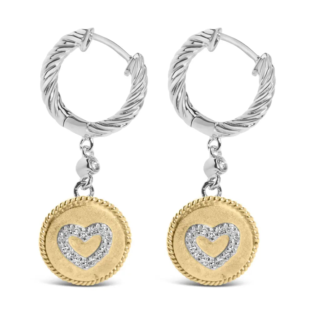 Diamond heart medallion drop earrings in 18k gold plated silver