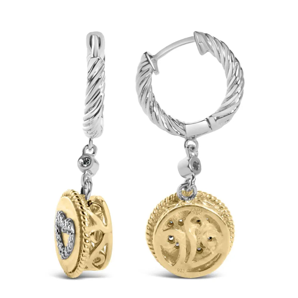 Diamond heart medallion drop earrings in 18k gold plated silver