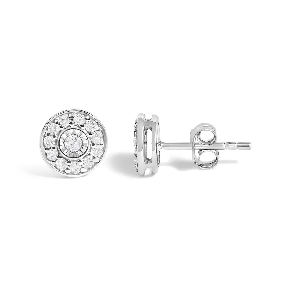 Round diamond miracle halo stud earrings in sterling silver 1/4 cttw bijoux-nyc direct
