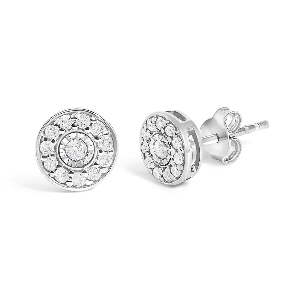 Round diamond miracle halo stud earrings in sterling silver 1/4 cttw bijoux-nyc direct