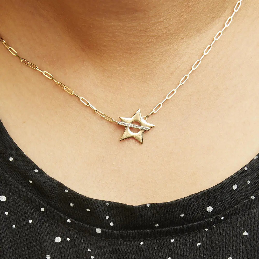 Diamond star pendant 18k gold plated sterling silver paperclip necklace bijoux-nyc direct