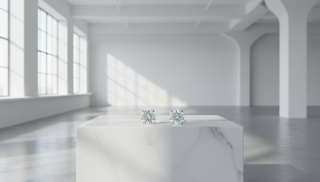 Round diamond stud earrings displayed on a white marble pedestal in a bright, minimalist luxury interior.