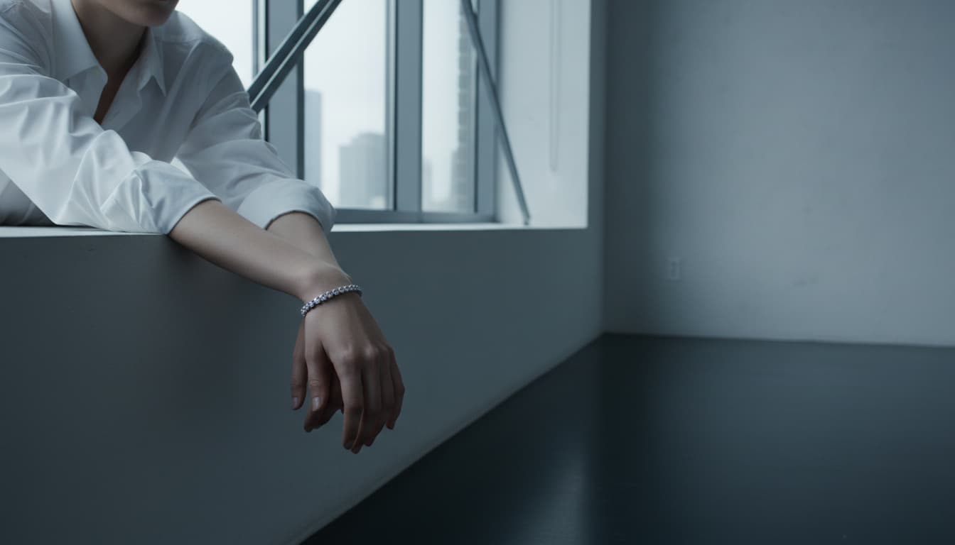 Diamond tennis bracelet worn on a woman’s wrist beside a bright window in a minimalist luxury interior.