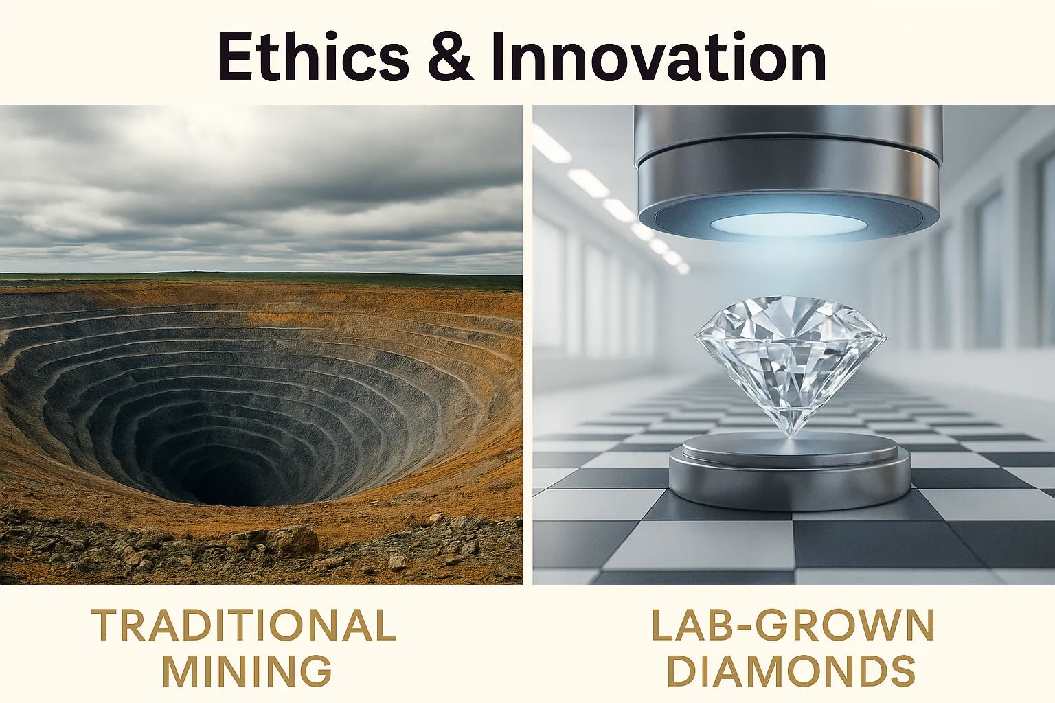 Split-screen illustration comparing traditional diamond mining’s environmental impact with clean lab-grown diamond creation technology, highlighting ethics and innovation.