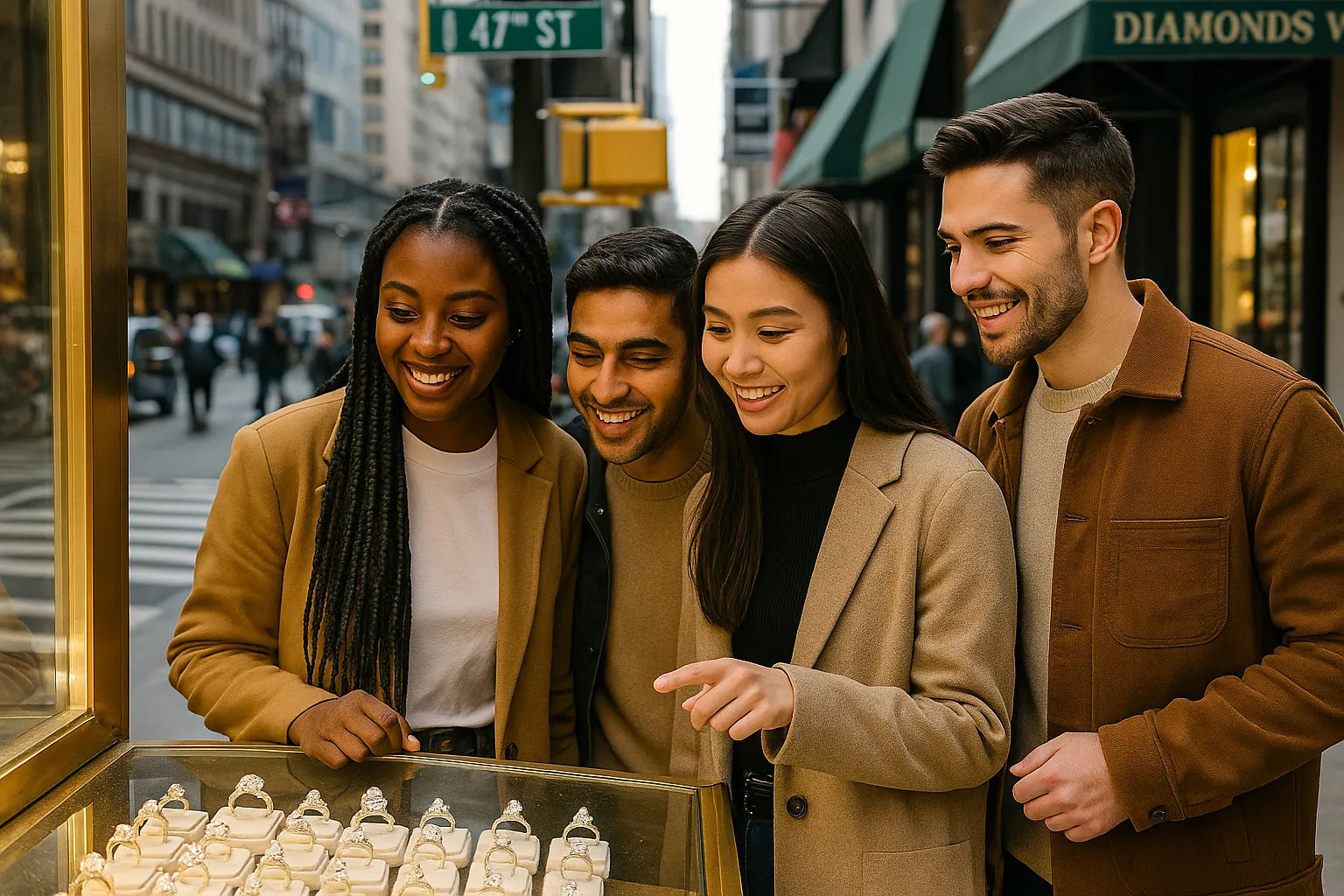 Diverse group of young Gen Z professionals browsing lab-grown diamond jewelry on 47th Street in NYC’s Diamond District.