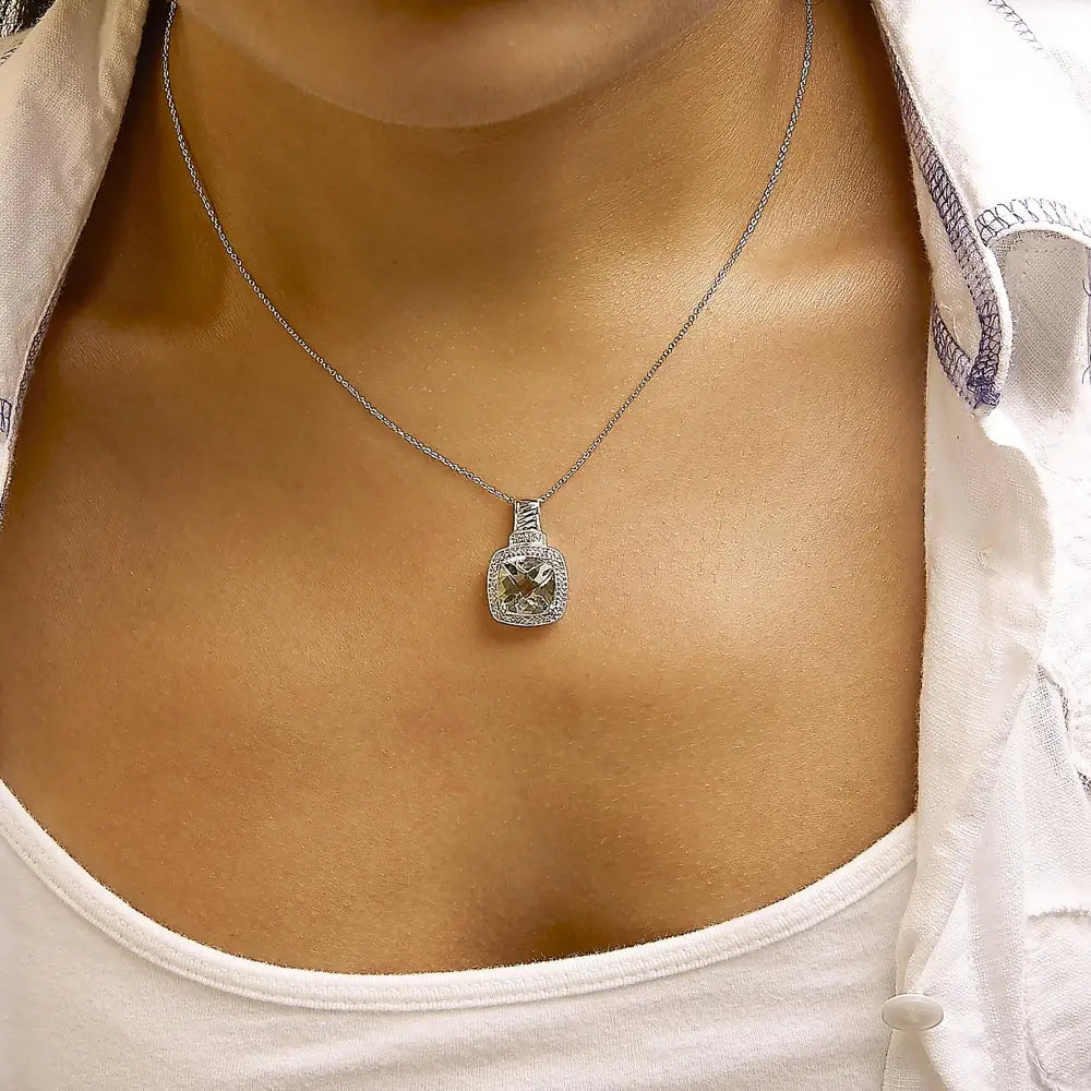 Cushion gray-green amethyst and diamond halo pendant in sterling silver bijoux-nyc direct