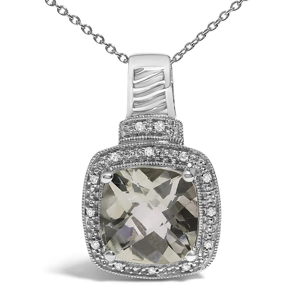 Cushion gray-green amethyst and diamond halo pendant in sterling silver bijoux-nyc direct