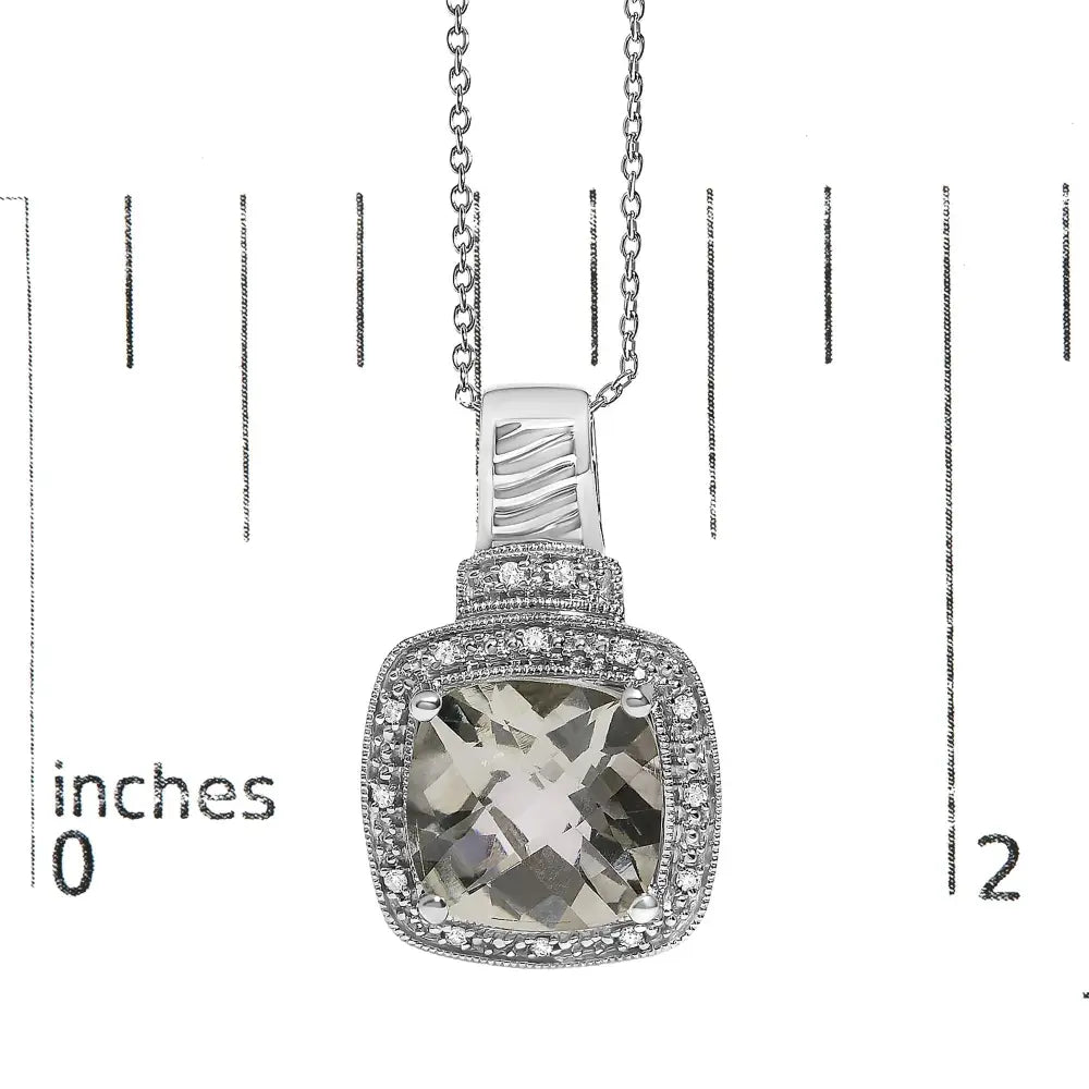 Cushion gray-green amethyst and diamond halo pendant in sterling silver bijoux-nyc direct